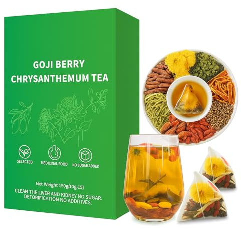 Detox tee, Gesundheitstee zur Leberentgiftung mit Goji & Chrysanthemen – Chinesischer Kräutertee für Lebergesundheit – 15 Beutel – 8 Natürliche Zutaten – Vegan, Zuckerfrei, Koffeinfrei