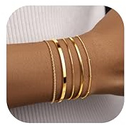 Dainty Gold Bracelets for Women Trendy, Minimalist 14K Gold Plated Stackable Thin Bracelet Set Box Link, Paperclip, Herringbone, Sparkling Chain, Bangle Cuff, Adjustable Simple Small Waterproof Jewelry Gifts for Women