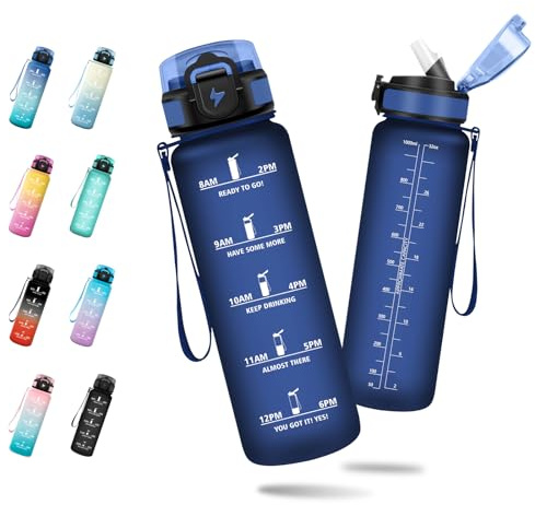 JAPORIA Borraccia Sportiva 1L, Borraccia con Cannuccia, Bottiglia Acqua Motivazionale con Scala Temporale, Antigoccia, Facile da Trasportare, Bottiglia per Ufficio, Corsa, Scuola, Campeggio, Viaggio