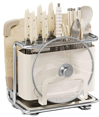 JUSHZ Range Couvercle Rangement Couvercle Casserole Porte Assiette Support Planche A Decouper Vertical Support À Couteaux Panier À Couverts Avec Bac D'égouttage Grande Capacité (White 1,28x25x27.5cm)