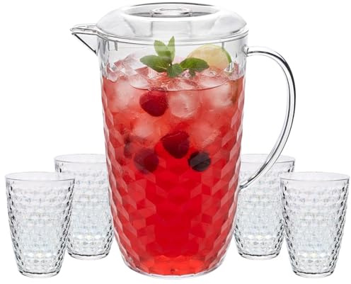 UNIQUE HOME LIVING Clear Acrylic Pitcher 2 Litre Water Jug with Lid, BPA-Free, Juice Jugs with 4 Cups Set for Iced Tea, Lemonade, Cocktails, Cold Beverage Carafe for Fridge - Diamond Design