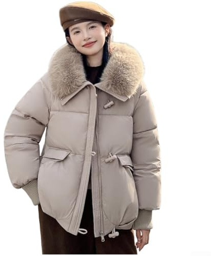 Chaqueta de algodón gruesa y cálida para mujer con cuello grande para el pelo, estilo casual, traje de pan, parka adecuada para el uso diario en invierno (M caqui)