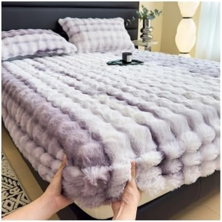 Sábana bajera ajustable tamaño Queen, sábana elástica de felpa para calidez en invierno, funda de colchón de terciopelo suave con bolsillo profundo, protección de piel de conejo sintética esponjosa