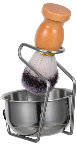Générique Kit de Soin de Barbe pour Homme 3 Pièces avec Brosse en Bois à Poils Souples, Bol à Savonnette avec Poignée, Support de Séchage Robuste – Ensemble Complet pour Rasage et Entretien