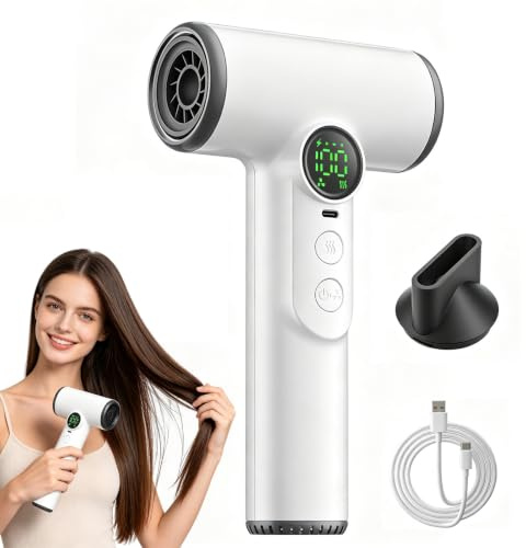 Cordless Rechargeable Hair Dryer, Portable Blow Dryer with Digital Display, 3 Heat & Air Speed Levels, USB Type-C Charging, Lightweight Compact Travel Dryer for Home Dorm Camping Outdoor, White
