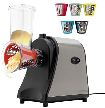 Sallurmose Rallador eléctrico de verduras de 1000 W, para verduras, con 5 cuchillas intercambiables, cortador en espiral, rallador de queso