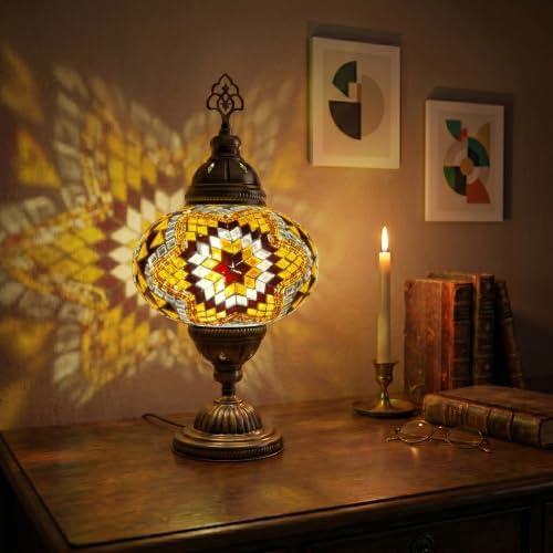 MOSLAND HOME - Lámparas de mesa turcas de mosaico marroquí hechas a mano estilo Tiffany y lámpara de noche con bombilla LED (Rompecabezas marrón)