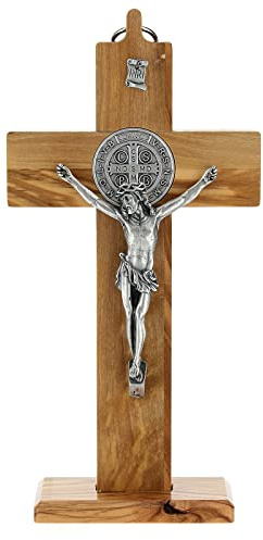 Crucifix St. Benoît bois d'olivier pour table ou mur, 21 cm (8.27 inc.)
