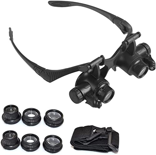Magnifying Glass with Light, LED Illuminated Hands Free Head Magnifier Visor with 4 Detachable Lenses - 10X 15X 20X 25X, for Reading, Jewellers Loupe, Watch and Electronic Repair