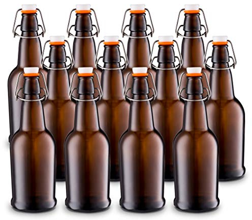 Home Brewing Glass Beer Bottle with Easy Wire Swing Cap & Airtight Rubber Seal -Amber- 16oz - Case of 12 - by Tiabo