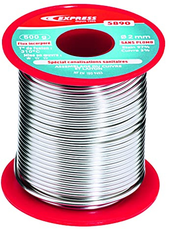 Express, 5890, Accessoire pour Fer à Souder, Soudure Étain pour Assemblage Cuivre, Laiton, Canalisations Sanitaires (Eau Potable), 97% Étain et 3% Cuivre (Sans Plomb), 500 g, d 2 mm, Flux incorporé