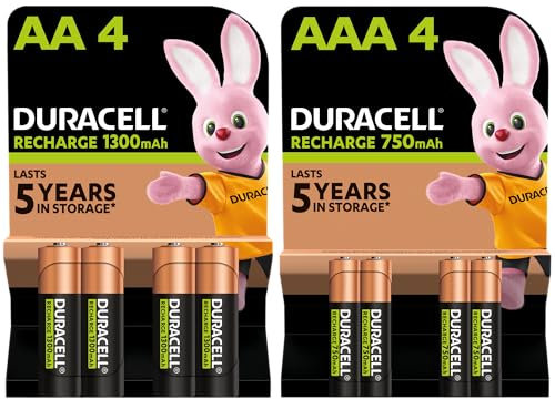 Duracell Rechargeable AA and AAA Batteries (Pack of 4 + 4), 1300mAh NiMH, 750mAh NiMH, pre-charged, Longest Lasting Power
