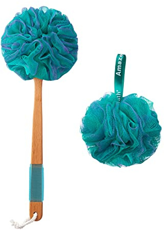 AmazerBath Shower Sponge Loofah Back Scrubber, PE Soft Mesh Loofah Body Scrubber with Long Wooden Handle, Bath Sponge for Men Women (Green)