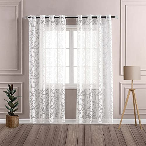 Delien Voile Ausbrenner Gardine mit Ranken Muster B140 x H225 cm, Weiß | 1 Stück,Mit Ösen,Transparenter Vorhang,Wohnzimmer Gardinenschals,Leicht,Luftig,Tür Fenster Dekoschals,Modern Stores