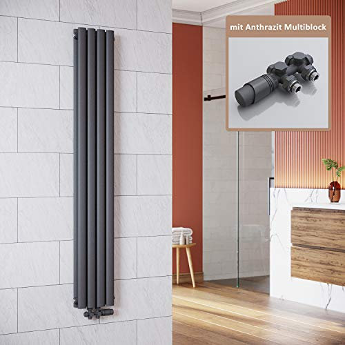 ELEGANT - Radiatore verticale di design, antracite, 1600 x 236 mm, con termostato multiblocco, doppio strato, collegamento centrale, scaldasalviette