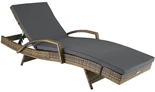 tectake® Polyrattan Sonnenliege, Gartenliege mit 5-Fach Verstellbarer Rückenlehne, wetterfest, Outdoor Relaxliege mit weicher Polsterauflage, Rattanliege für Garten, Balkon und Terrasse - Natur