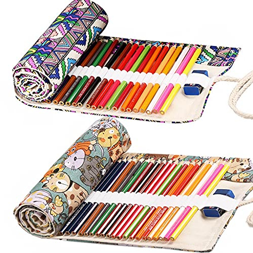 Leinwand Pencil Wrap, Ouceanwin 2 Stücke 36 Slots Bleistift Wrap, Leinwand Stifterolle Tragbar Tasche Federmäppchen Schlamperrolle Stiftehalter Mäppchen Bleistiftkasten für Künstler Reisen Schule