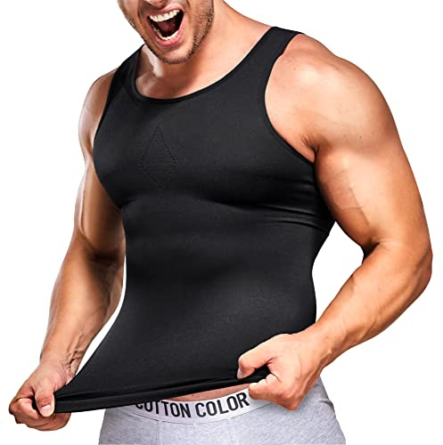 IFKODEI Herren-Kompressions-Shirts, figurformend, Unterhemd, Workout, Tanktop, Bauchkontrolle, Shapewear, Schwarz, Medium / Large
