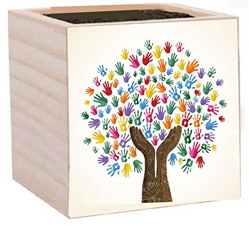 CREATCABIN Baum des Lebens Pflanzkasten Holzwürfel Blumentopf Quadratisch Klein Rustikal Schreibtischdekoration Palme Für Garten Drinnen Draußen Pflanzen Lehrer Büro Geschenk Sukkulente 3 x 3 Zoll