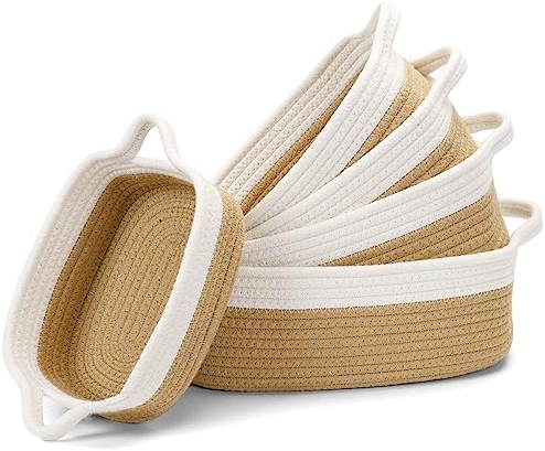 Cinnani 5er-Set Aufbewahrungskorb Baumwollseil Korb Geflochten, Aufbewahrung Korb Wickeltisch Organizer, 5 Größe Stapelbare Mehrzweck-Organisations Behälter für Kinderzimmer Wohnzimmer Bad (weiß/Gelb)