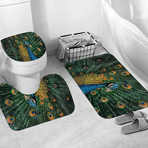 JIFOME Badteppich 3 Stück Weiche saugfähige Badematten,Pfau öffnet schönes buntes Federbild,rutschfeste Badematte Teppiche & Toilettendeckelabdeckung Set Waschbar