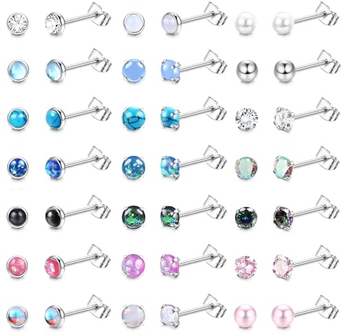 KALVICA 21Paar Hypoallergen Ohrstecker Silber Ohrringe Damen Männer Chirurgenstahl Knorpel Earrings for Women CZ Opal Mondstein Türkis Helix Tragus Rook Piercing Ohr Schmuck 20G