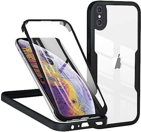 TVVTPU Kompatibel mit iPhone X/XS Hülle, 360 Grad Stoßfest Handyhülle mit Eingebaute Displayschutzfolie Ganzkörper Schutz Silikon Bumper Outdoor Schutzhülle Case, Schwarz
