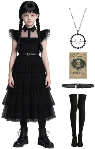 Mrsclaus Wednesday Addams Costume per bambini ragazze vestito nero Addams Family Mercoledì cosplay con calze adesivi carnevale festa a tema C039-130
