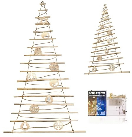 BOGATECO Handgemacht Weihnachtsbaum mit Dekorationen, aus Haselnussholz | Deko Anhänger | Holzplatten verbunden mit einem Juteseil mit Einer Dicke von 6 mm (205cm mit Dekorationen)