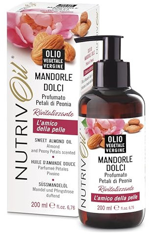 NUTRIVOIL - Puro Olio di Mandorle Dolci Profumato Petali di Peonia - Flacone plastica riciclato 200 ml con dispenser - Nutre ed Idrata la pelle profumandola delicatamente.