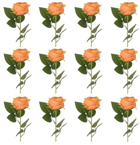 12 Stück Künstliche Blumen, Rosen, Seidenrosen mit Langen Stielen, Realistischer Künstlicher Rosenstrauß für Hochzeitssträuße, Tischdekoration, Party, Heimdekoration(Orange)