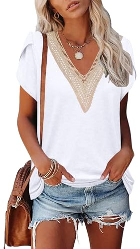 PLOKNRD Damen T-Shirt Elegant Spitze V-Ausschnitt Oberteile Blütenblatt Ärmel Kurzarm Bluse Sommer Locker Tops 2XL Weiß