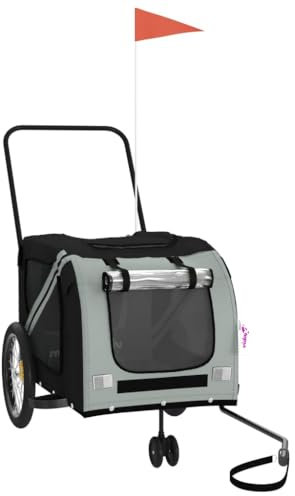 vidaXL Fahrradanhänger für Hunde, Hundeanhänger mit Reflektoren Flagge, Hundetransporter Maximale Belastbarkeit 45 kg, Haustier Transportwagen, Grau Schwarz Oxford-Gewebe Eisen