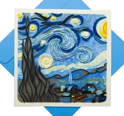Van Gogh's The Starry Night (1889), Quilling Art Greeting Card - Design Greeting Card for Birthday, Valentine's Day, Mothers Day, Spring, Fathers Day, Graduation, Wedding, Anniversary, Thank You, Get Well, All Occasion. Framable Artwork for Art Lovers.