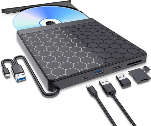 Aumdie Lettore CD DVD Esterno per PC Portatile, Masterizzatore DVD Esterno,USB 3.0 con 2 Porte USB e Lettore di Schede TF/SD, Lettore CD/DVD per PC Laptop Macbook per Windows 11/10/8.1/7/Linux/Mac OS