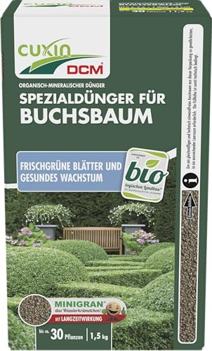 CUXIN DCM Spezialdünger für Buchsbaum - Spezialdünger - Langzeitdünger - Mit MINIGRAN® TECHNOLOGY - Mit Magnesium und Meereskalk - Bio - organisch-mineralischer NPK-Dünger - 1,5 kg
