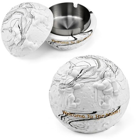 DKEROSS Cendrier en Beton et Intérieur en Inox avec Couvercle - Design Moderne Lune à Motif Astronaute, Poubelle de Table Exterieur