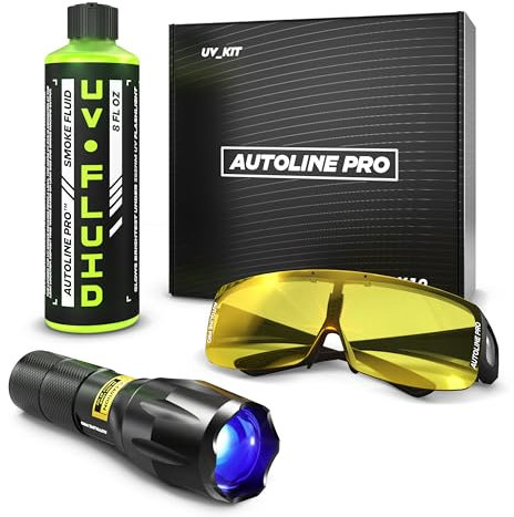 AutoLine Pro Kit UV pour détection de Fuite de Machine à fumée Automobile avec Liquide UV Le Plus Lumineux et Ultra Pur, Lunettes UV réglables de qualité supérieure et Lampe de Poche UV ultraviolette