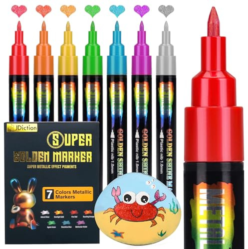 JDiction Metallic Marker Pens, High Gloss Glitter Metallic Permanent Markers, 7 Colors, Waterproof, Scrapbook Supplies, Resin Crafts Supplies, Metallic Paint Pens for Coloring, Stroke, Painting, DIY