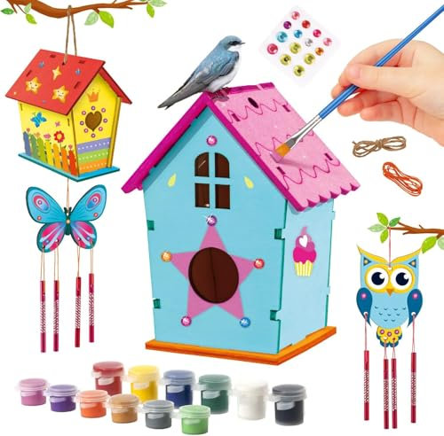 Byncceh 2 Stück Vogelhaus Holz Basteln Kinder – Kreatives Bastelset für Kinder zum Bemalen und Dekorieren, DIY Bastel Set, Ideal für Kindergeburtstag Basteln und Geschenkideen