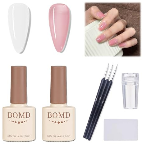 French Manicure Kit - White & French Tip Gel Nail Polish Set with Stamp & 3 Nail Art Pens, Long Lasting for DIY Salons