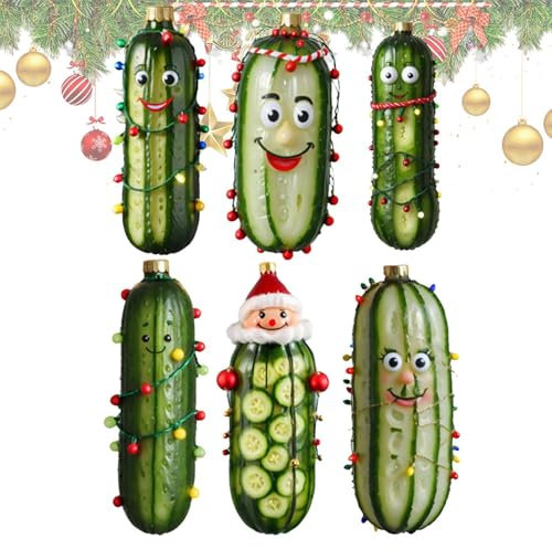 Gurke für Weihnachtsbaum, Gurkenornamente für Weihnachtsbaum, 6 x Anhänger handgefertigt in | flache Urlaubsornamente aus Acryl 2D, mit Seil für traditionelle Dekoration