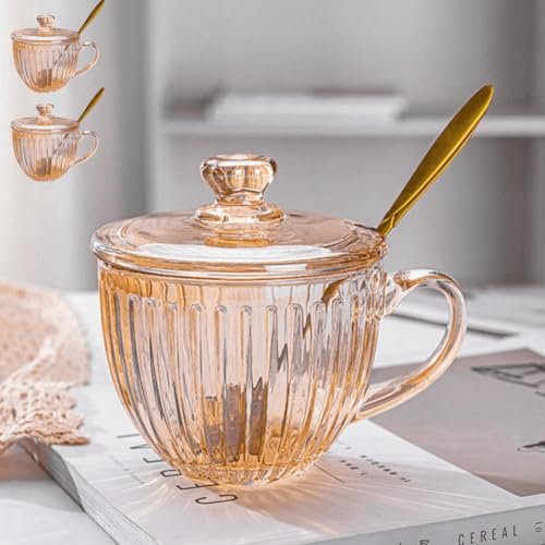 Tazze da caffè in vetro con coperchio, tazze da caffè trasparenti con cucchiaio, set di bicchieri per bar, 425,2 g, bicchiere per cappuccino, bevande calde e fredde, beige, 2 pezzi a coste