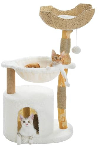 MUTTROS Moderno árbol para gatos grandes, torre de madera para gatos de interior, muebles de lujo para gatos de rama real con condominio súper grande y acogedor y hamaca y poste rascador, cesta