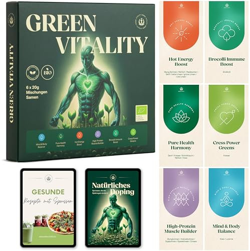 Green Vitality BIO Sprossen Anzuchtset 6 Vitalitäts-Mischungen für Sprossenglas und Kressesieb - Microgreens Starter Set mit hochwertigen Sprossen Samen für gesunde Ernährung - Inkl. 2 Gratis E-Books