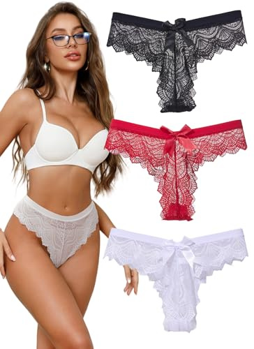Hialegion Tanga da Donna in Pizzo con Fiocco Intimo Femminile Sexy Bello Senza Suture Traspirante 3 Paia Taglie Grandi 4XL