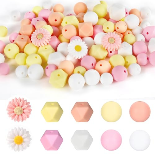 Jortmrd 100 Stück Blumenförmige Silikonperlen Bastelperlen Bulk Gänseblümchen Silikon Perlen Blumen für DIY Schlüsselanhänge Handwerk Schnullerkette