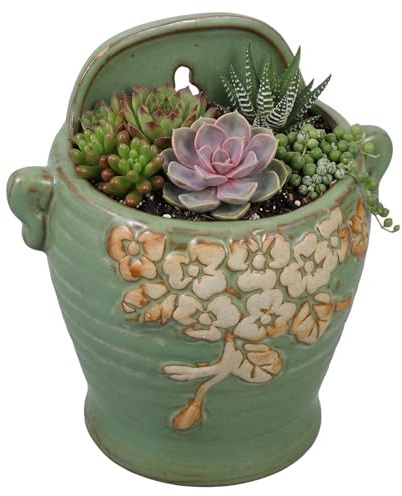 UKCOCO Fioriera da parete in ceramica per piante grasse e fiori, vaso da fiori vintage da appendere per elegante decorazione per casa e giardino, facile da installare, fioriera artistica da parete per