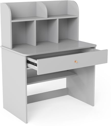 LIFEZEAL Escritorio Infantil con Estante, Escritorio Enfantil con Estantería y Cajón Grande, Mesa de Aprendizaje de Madera para Niños y Niñas a Partir de 3 Años, 80 x 48 x 102 cm (Gris)