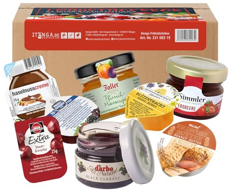 itenga Frühstücksaufstrich Box 24-teilig | Portionsgläser & Portionsbecher | Marmelade, Honig, Nuss-Nougat & Erdnusscreme | Adventskalender-Füllung, Büro & Urlaub - Inhalt 627g